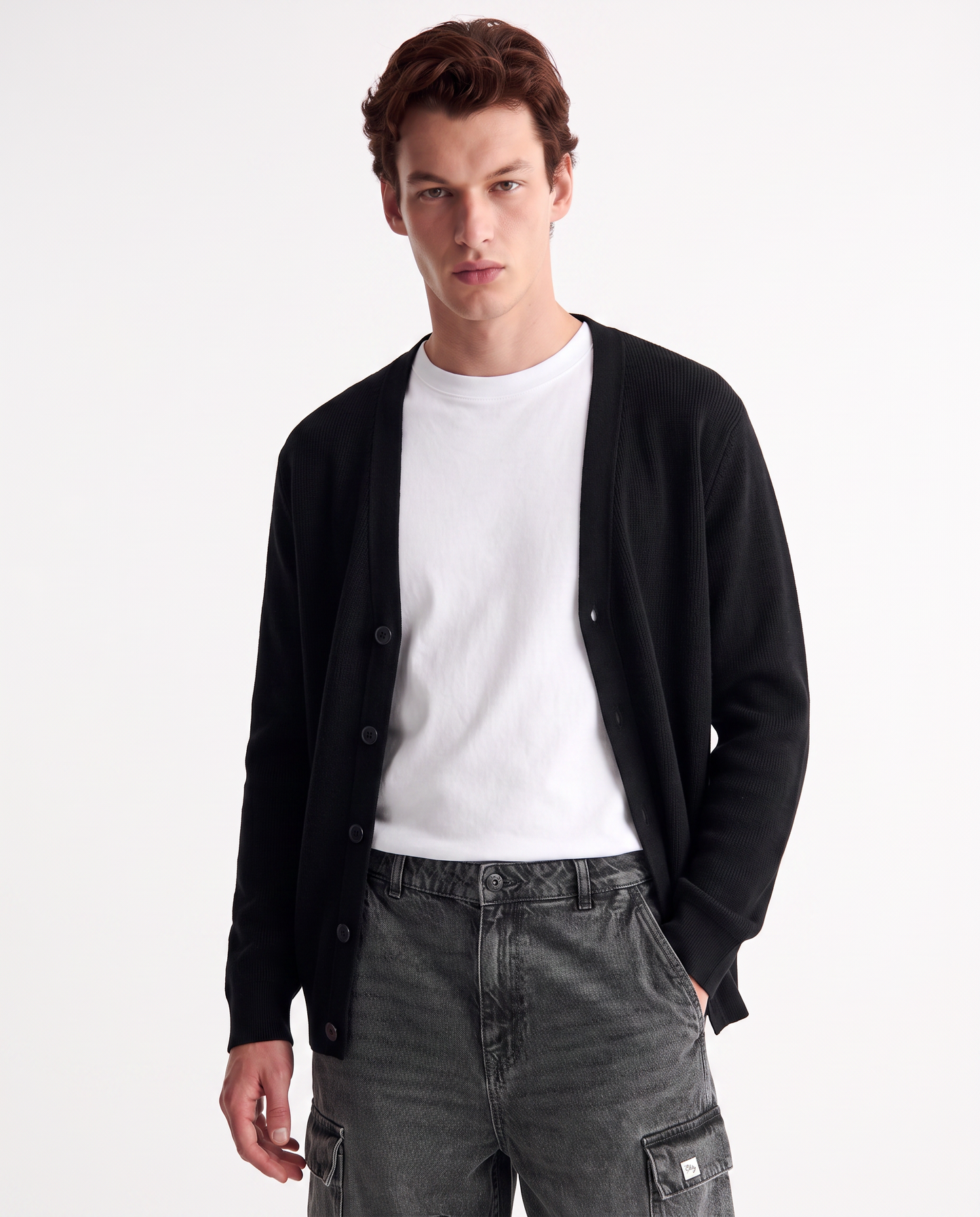 Maglia cardigan in misto viscosa a coste - Nero