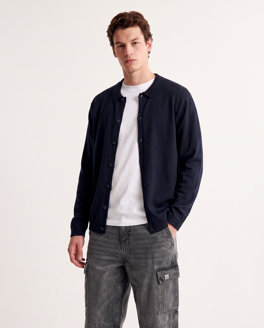 Maglia polo cardigan in misto viscosa - Blu