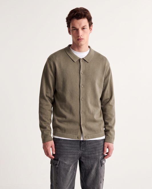 Maglia polo cardigan in misto viscosa - Verde kaki