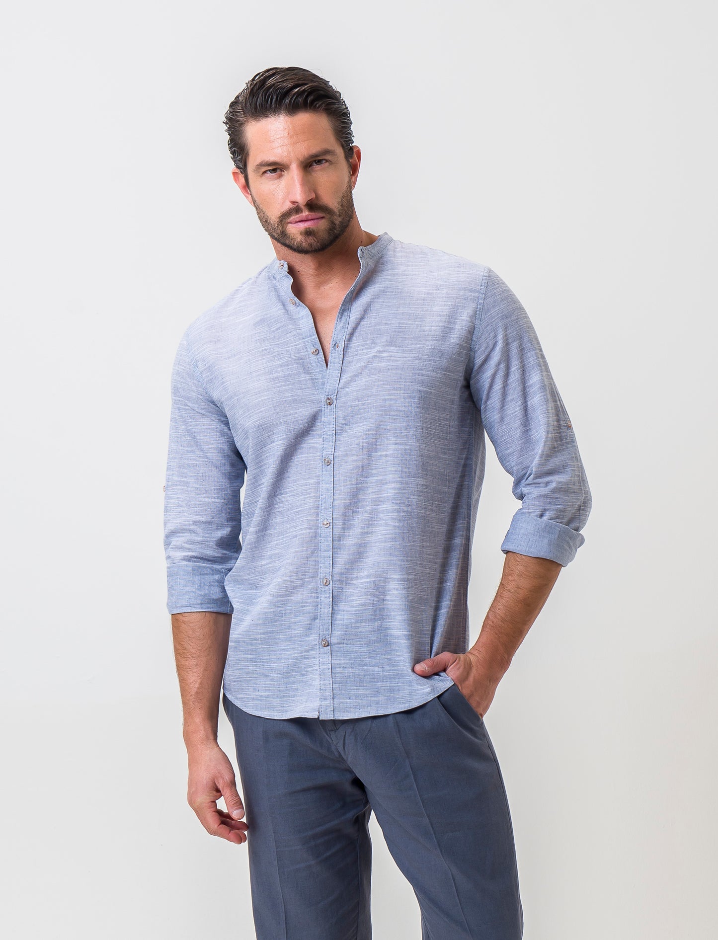 Regular Fit Cotton Fil a Fil Shirt with Korean Collar - Sky blue