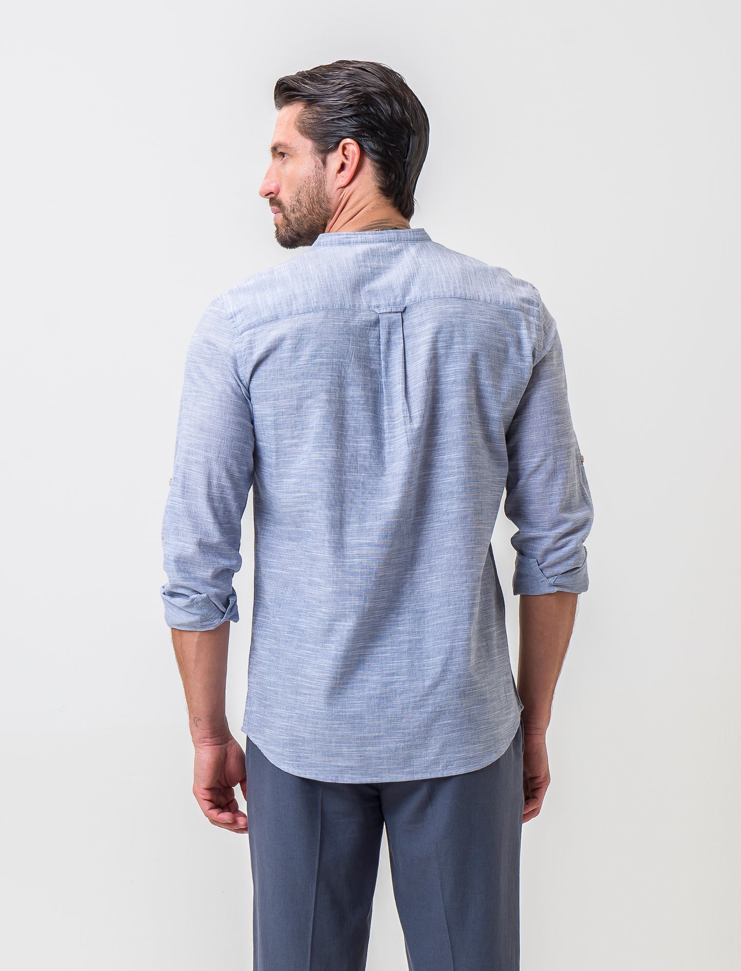 Regular Fit Cotton Fil a Fil Shirt with Korean Collar - Sky blue