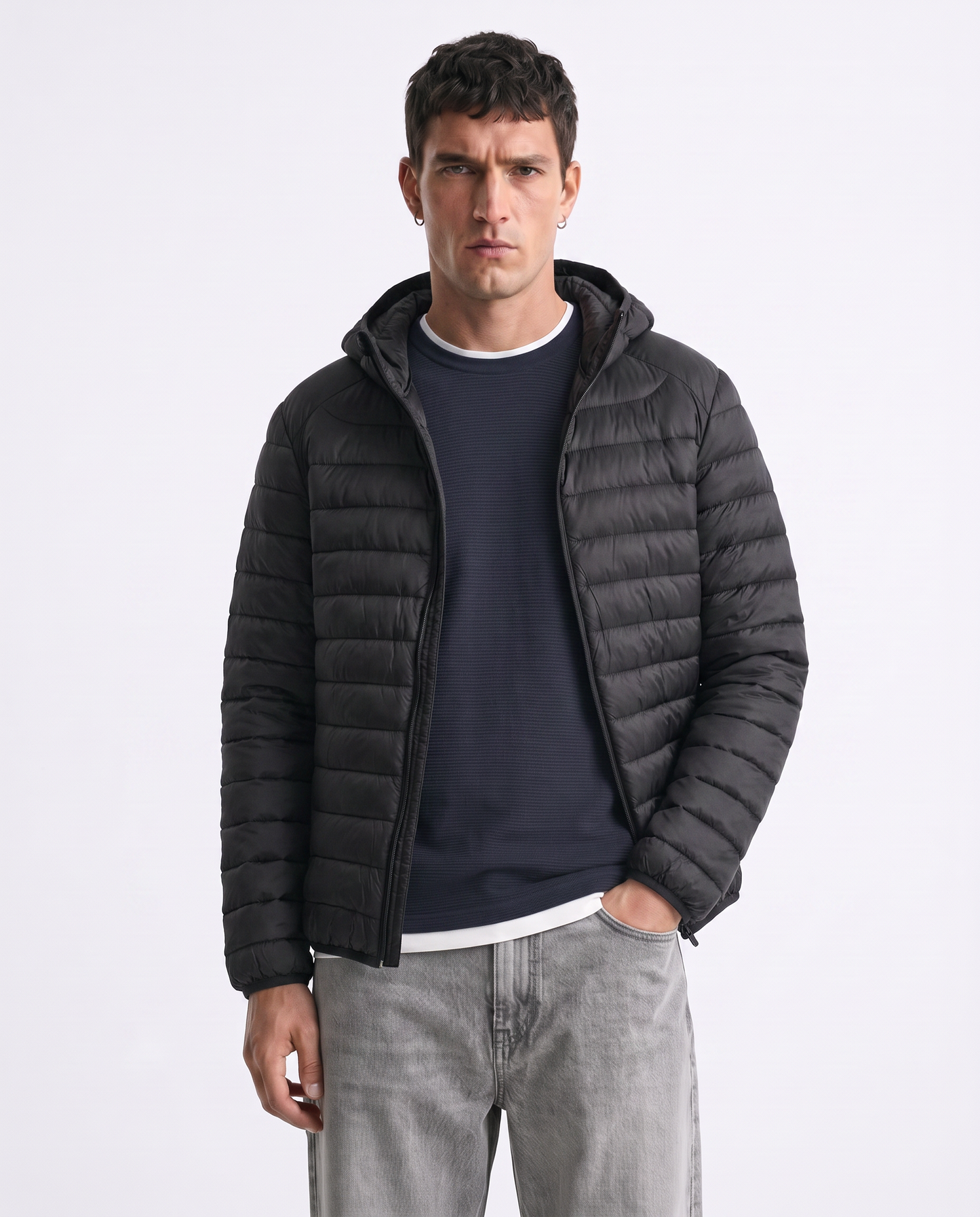Puffer jacket with hood and zip - Black
