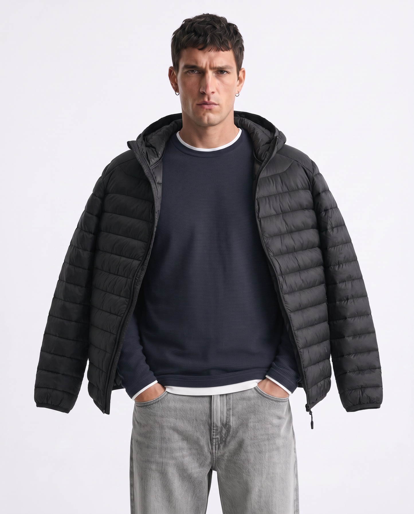 Puffer jacket with hood and zip - Black