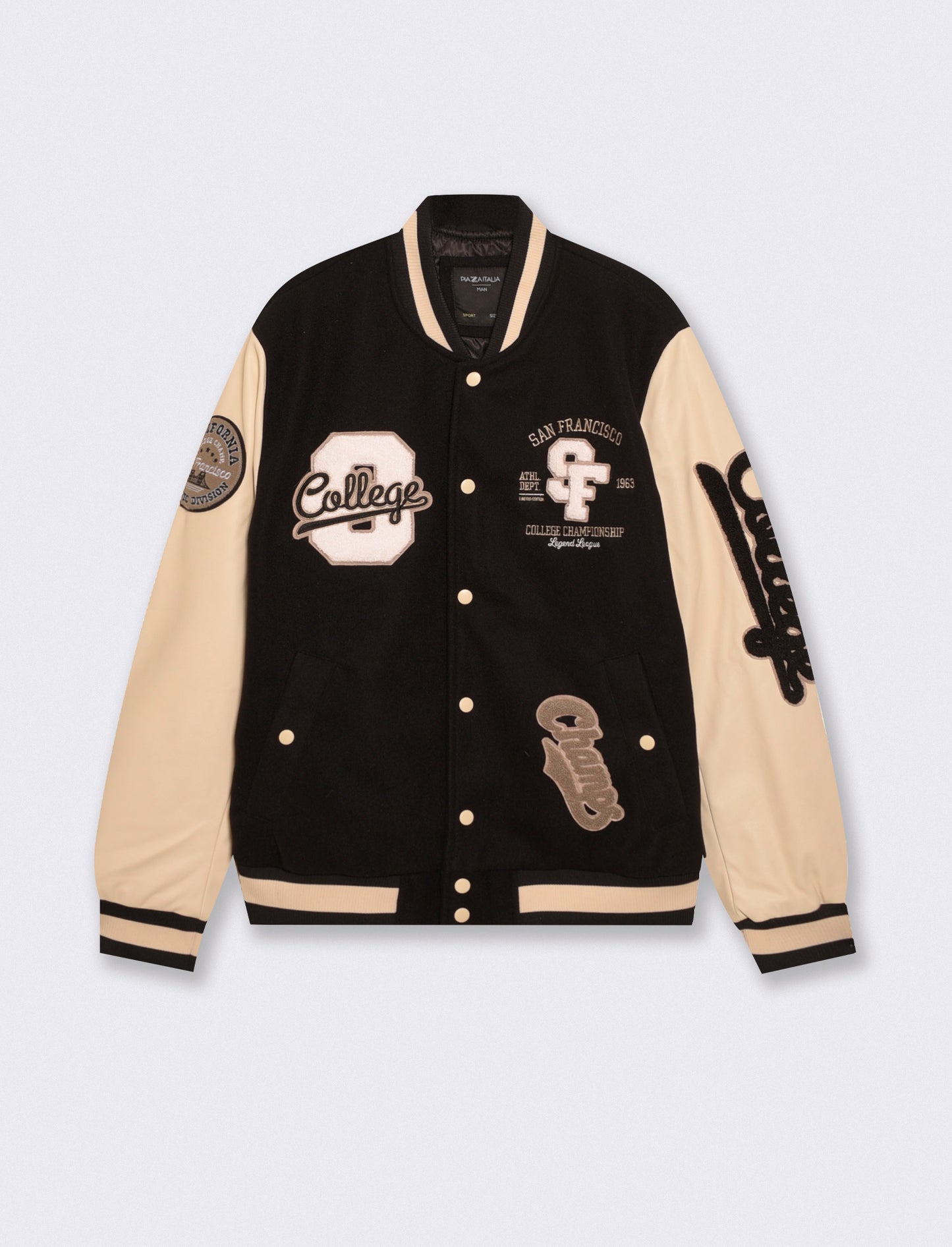 Bomber Varsity in Panno con Dettagli Pelle - Nero