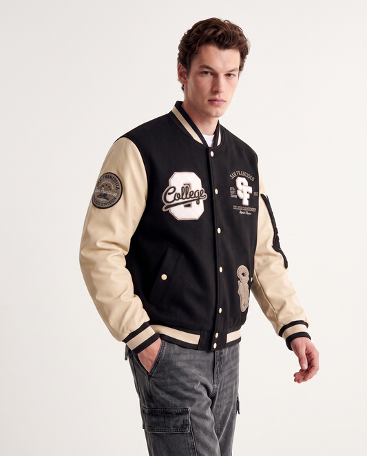 Bomber Varsity in Panno con Dettagli Pelle - Verde