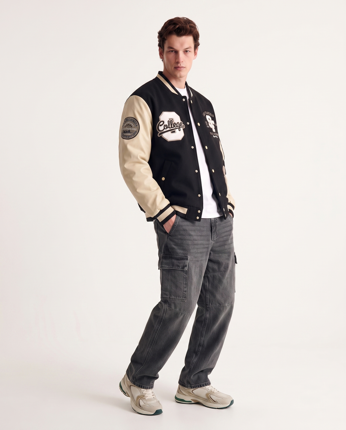 Bomber Varsity in Panno con Dettagli Pelle - Verde