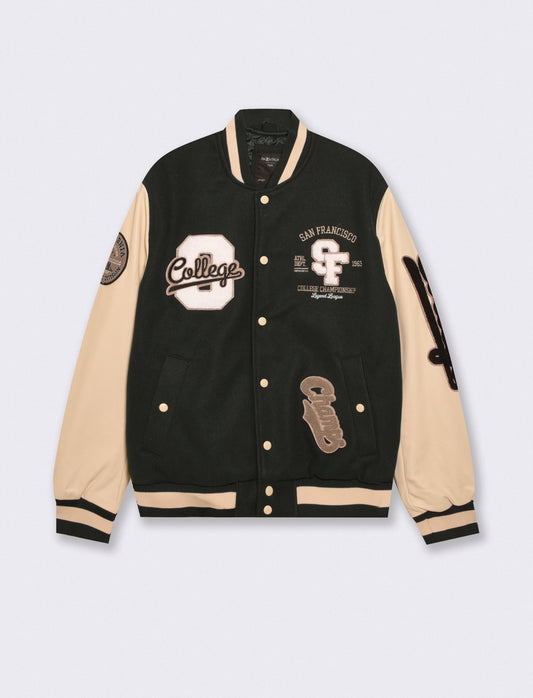 Bomber Varsity in Panno con Dettagli Pelle - Verde
