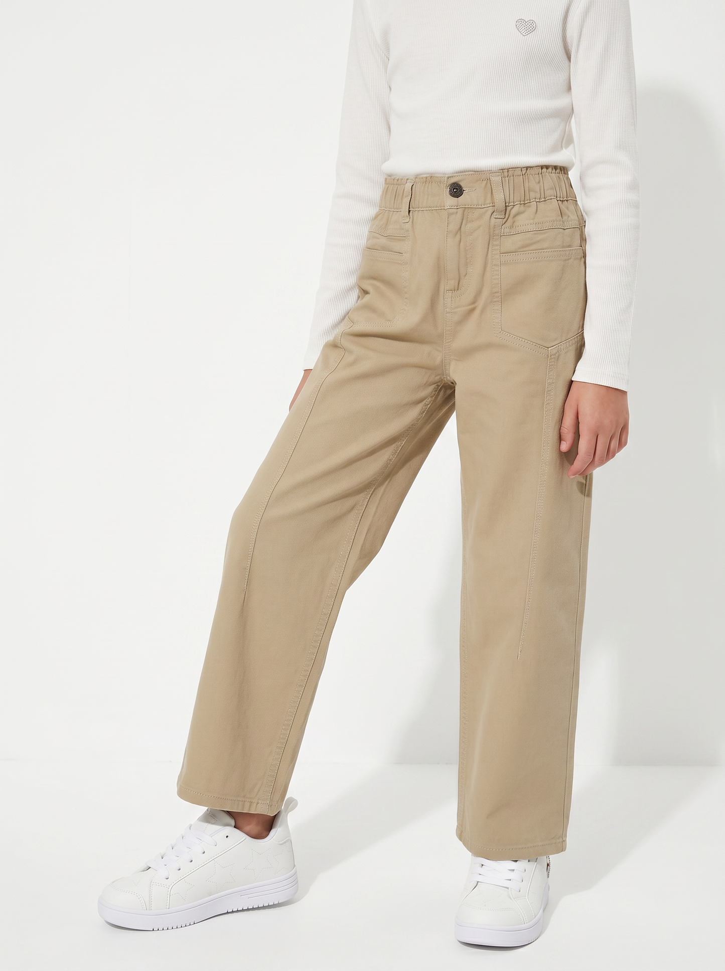 Pantaloni wide in cotone con tasche - Beige