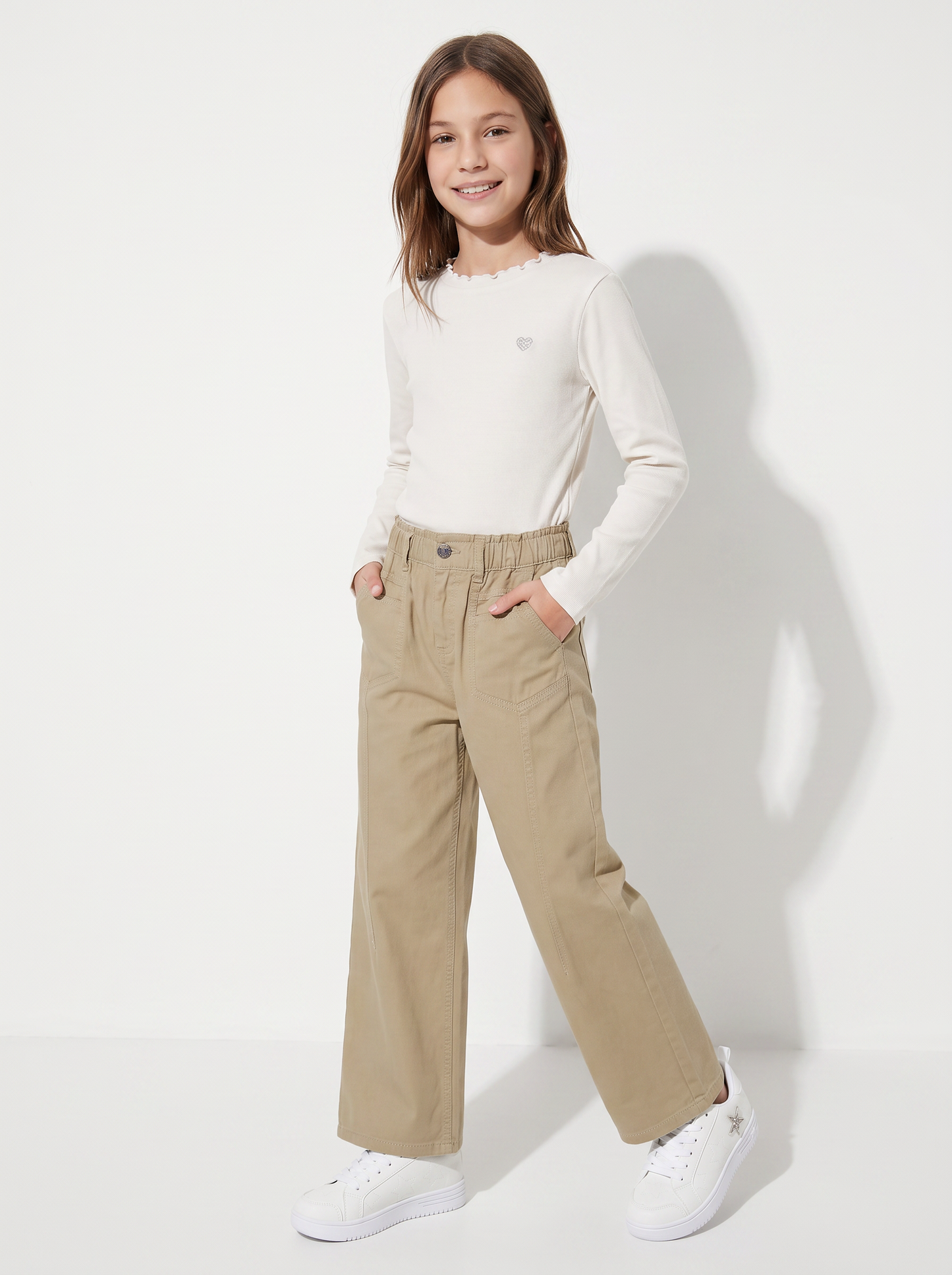 Pantaloni wide in cotone con tasche - Beige