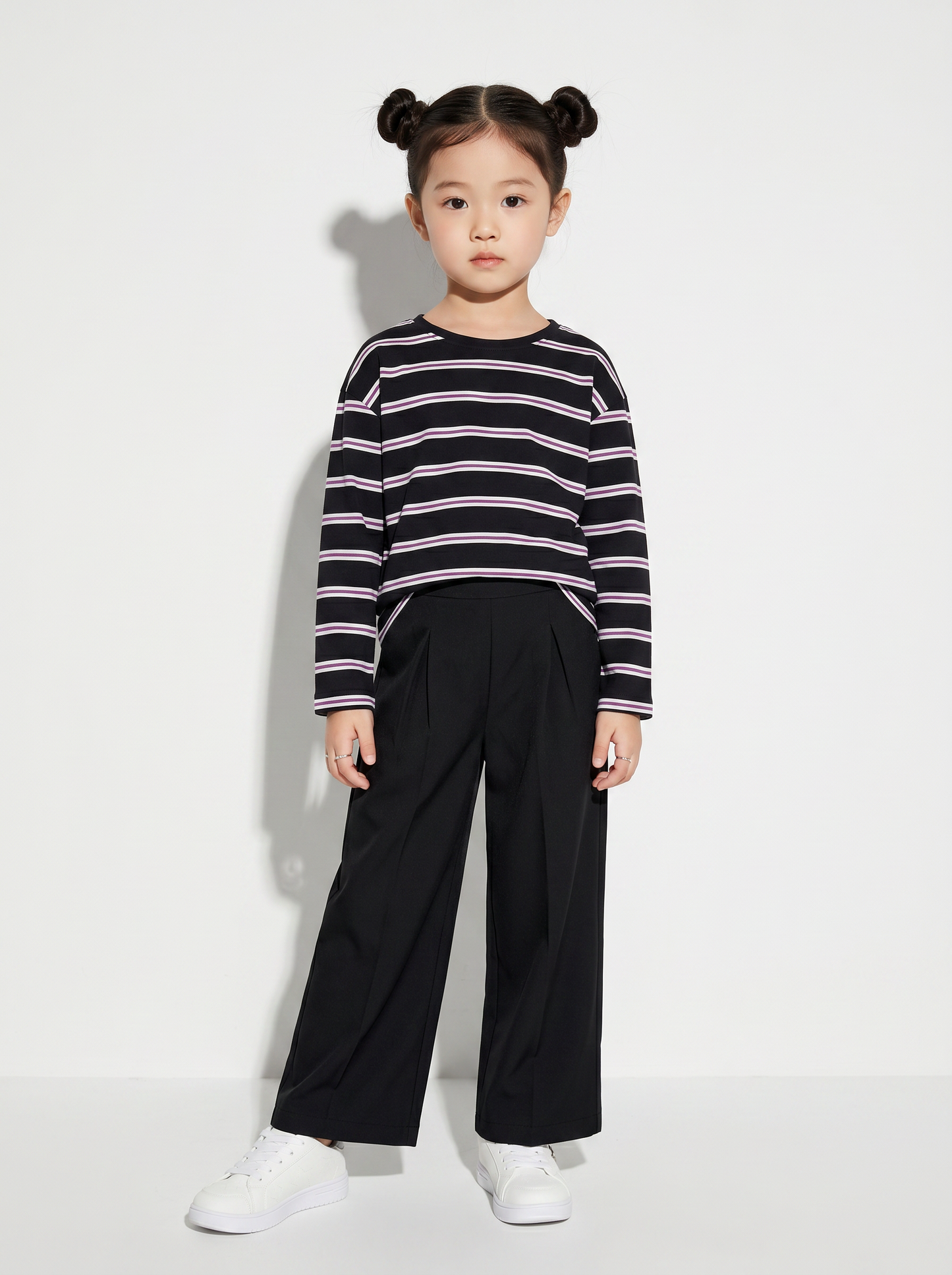 T-shirt a righe manica lunga da bambina - Nero