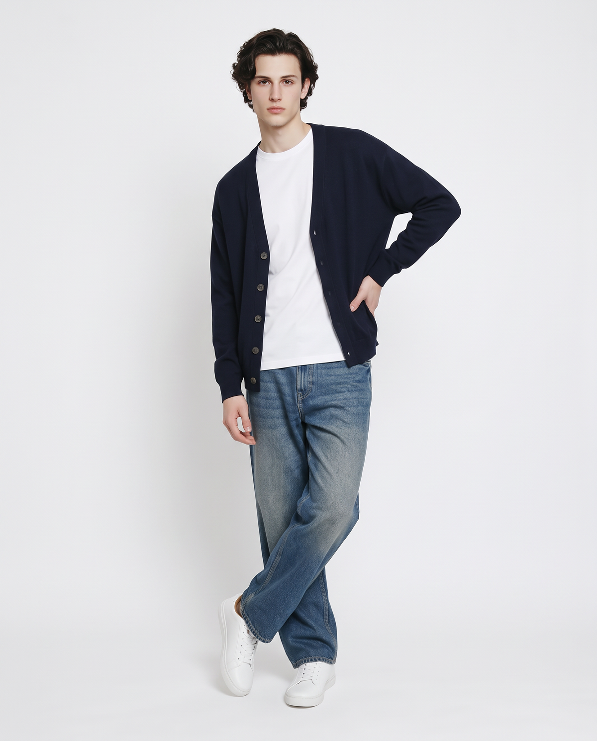 V-Neck Cardigan with Buttons - Blue