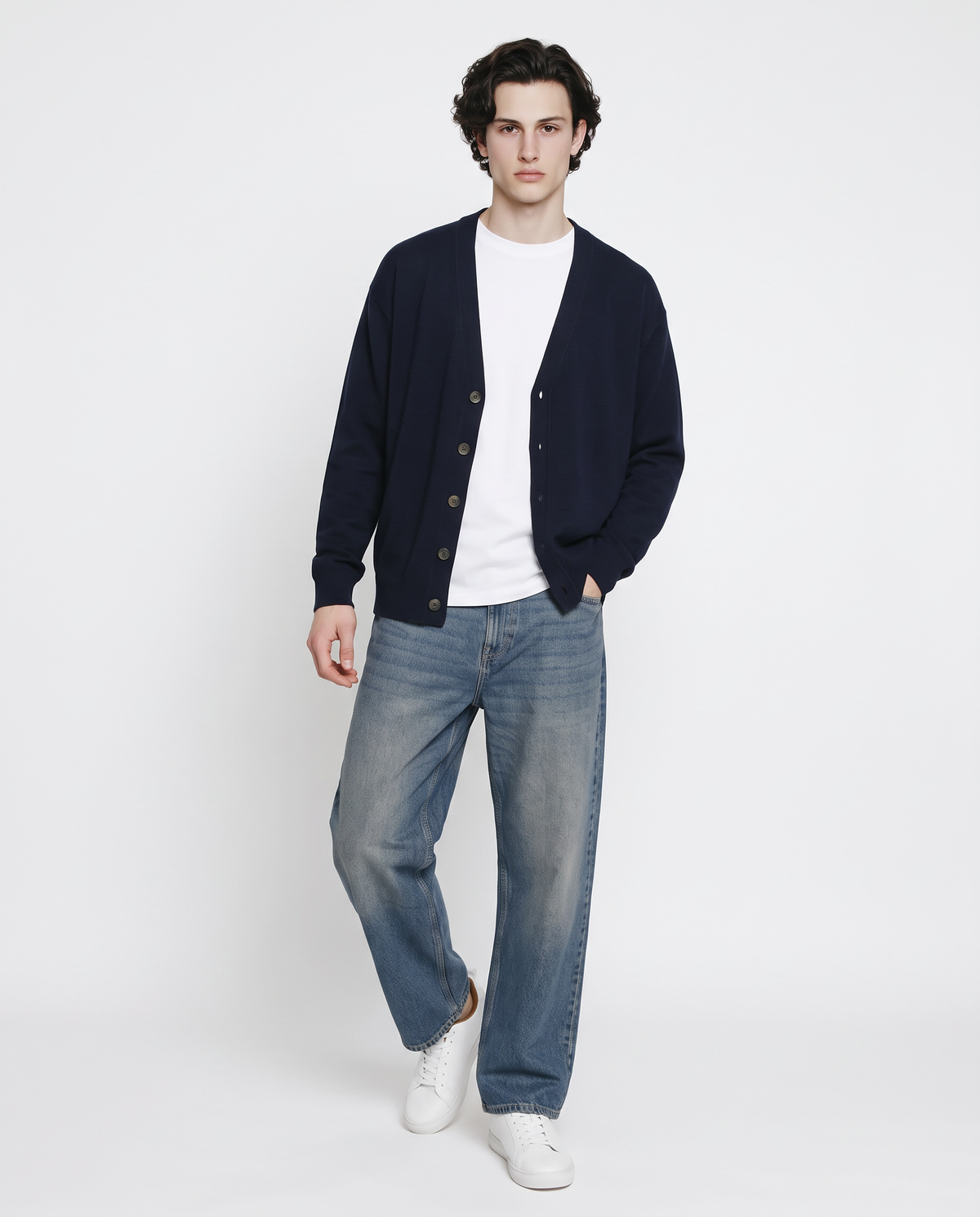 V-Neck Cardigan with Buttons - Blue