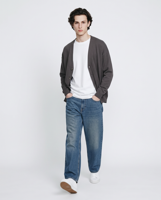 V-Neck Cardigan with Buttons - Grey