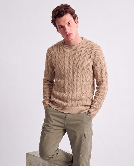 Bicolor Cable Knit Crew Neck Sweater - Beige
