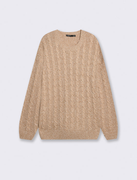 Maglia girocollo a trecce bicolor - Beige