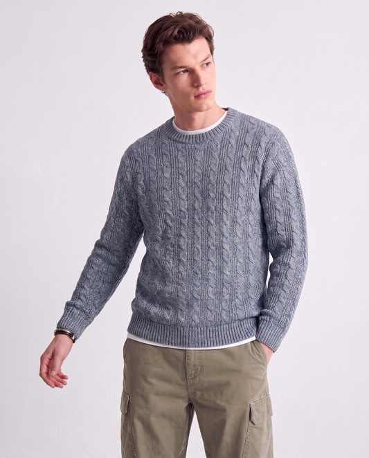 Bicolor Cable Knit Crew Neck Sweater - Sky blue