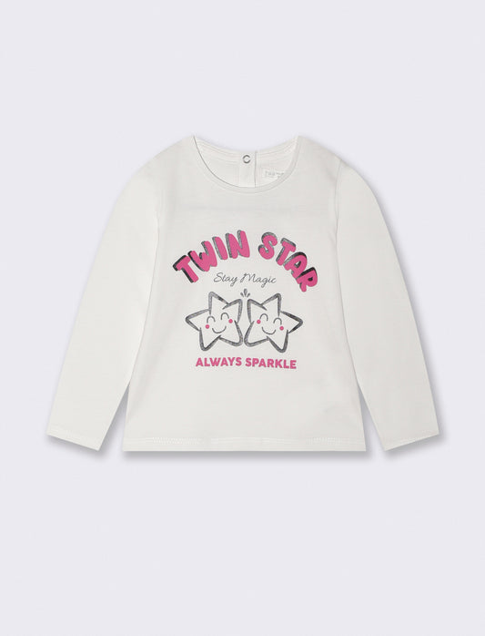 T-shirt basica con stampa brillante - Bianco panna