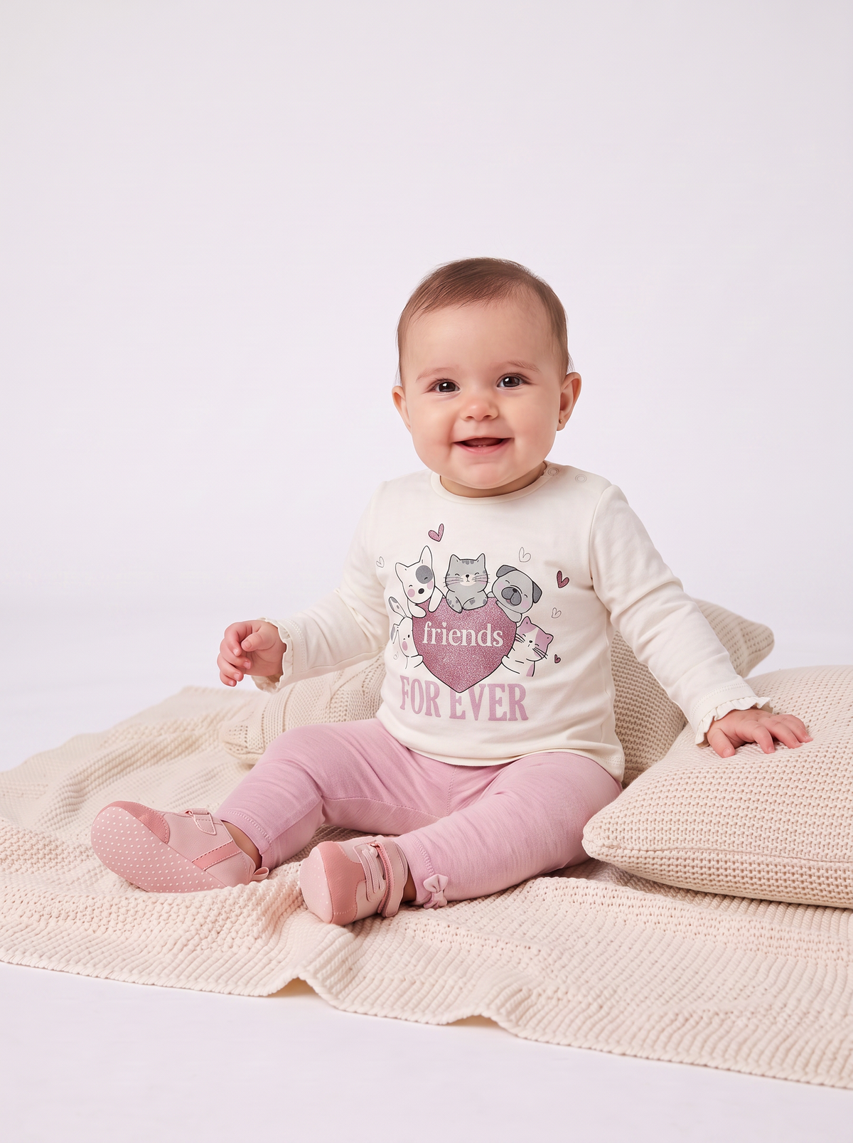 T-shirt a manica lunga con stampa e balza - Bianco latte