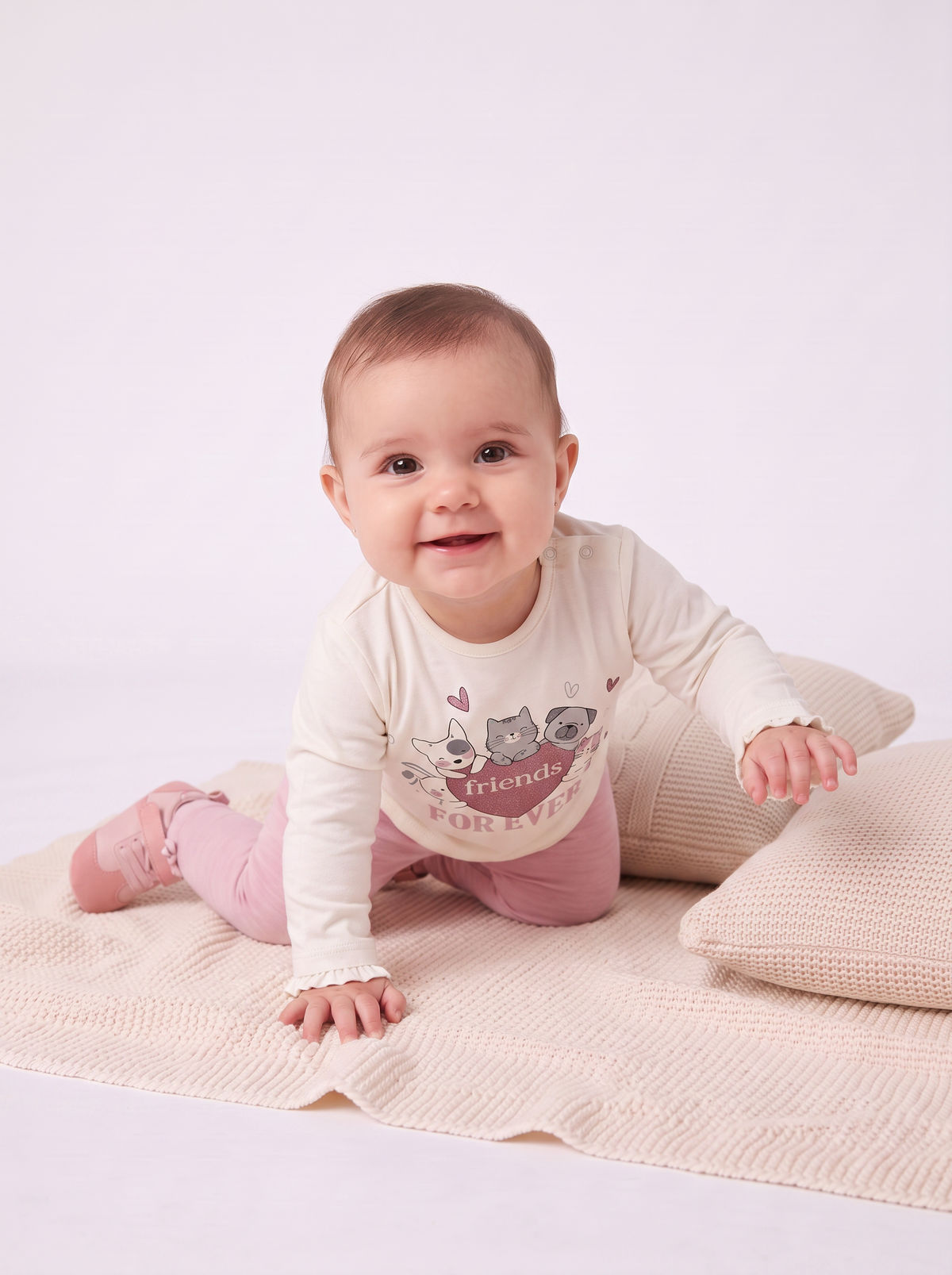 T-shirt a manica lunga con stampa e balza - Bianco latte