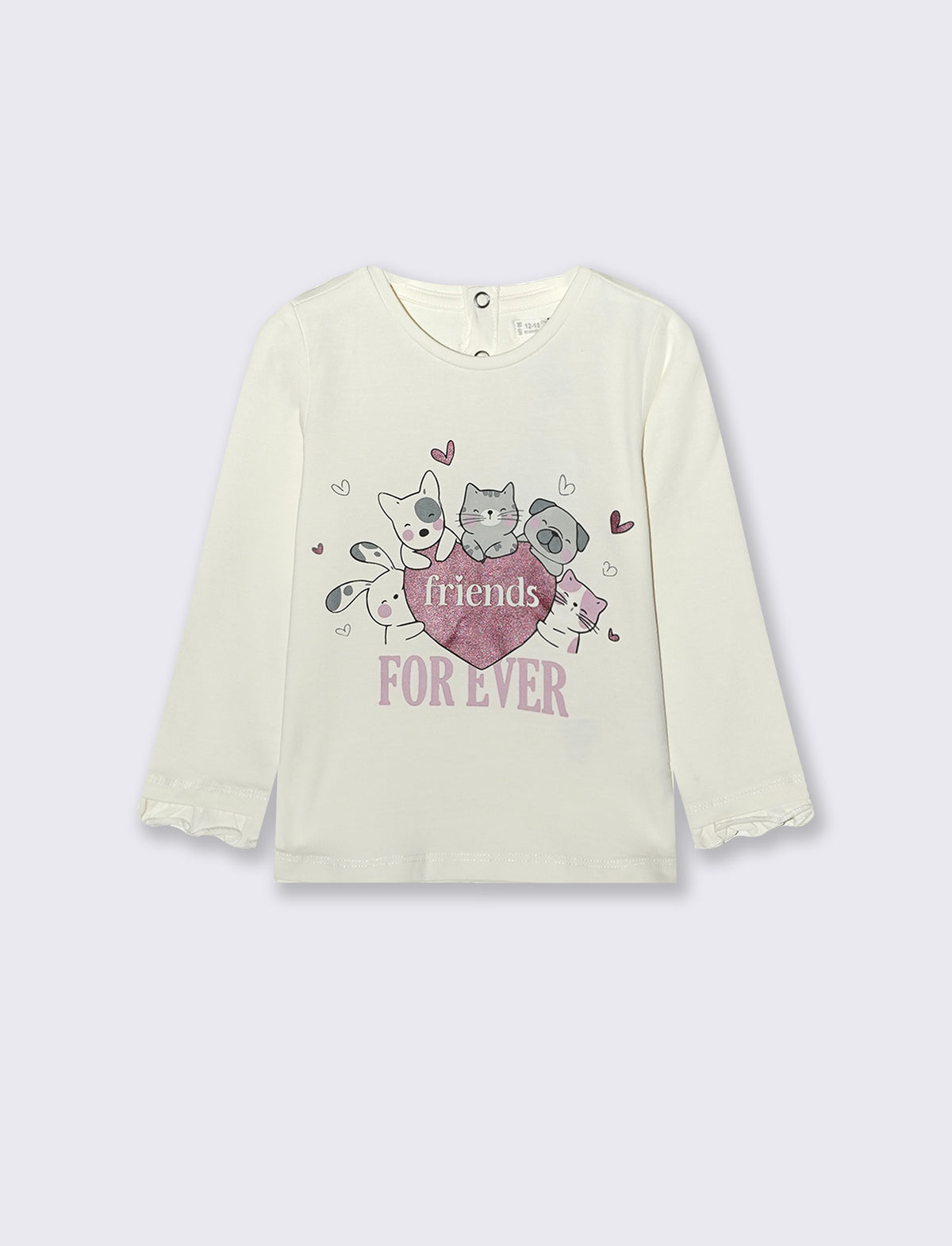 T-shirt a manica lunga con stampa e balza - Bianco latte