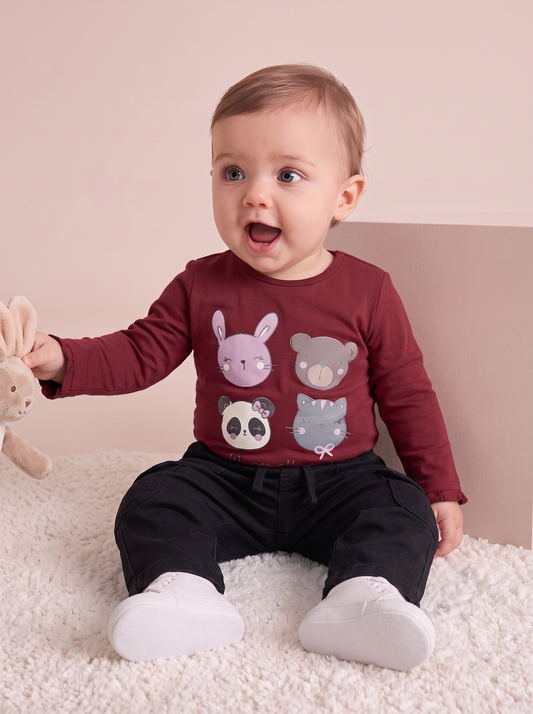 T-shirt a manica lunga con stampa e balza - Bordeaux