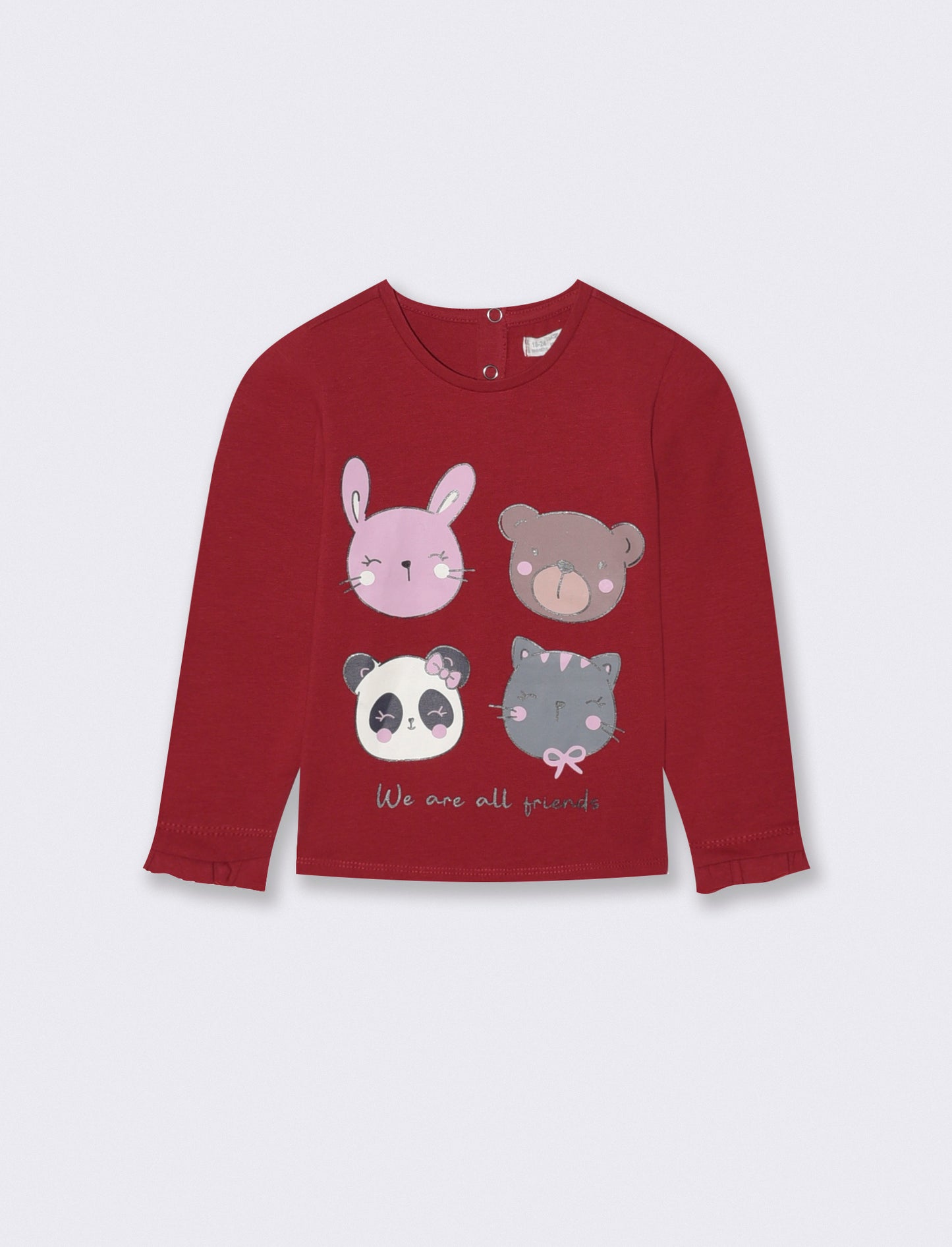 T-shirt a manica lunga con stampa e balza - Bordeaux