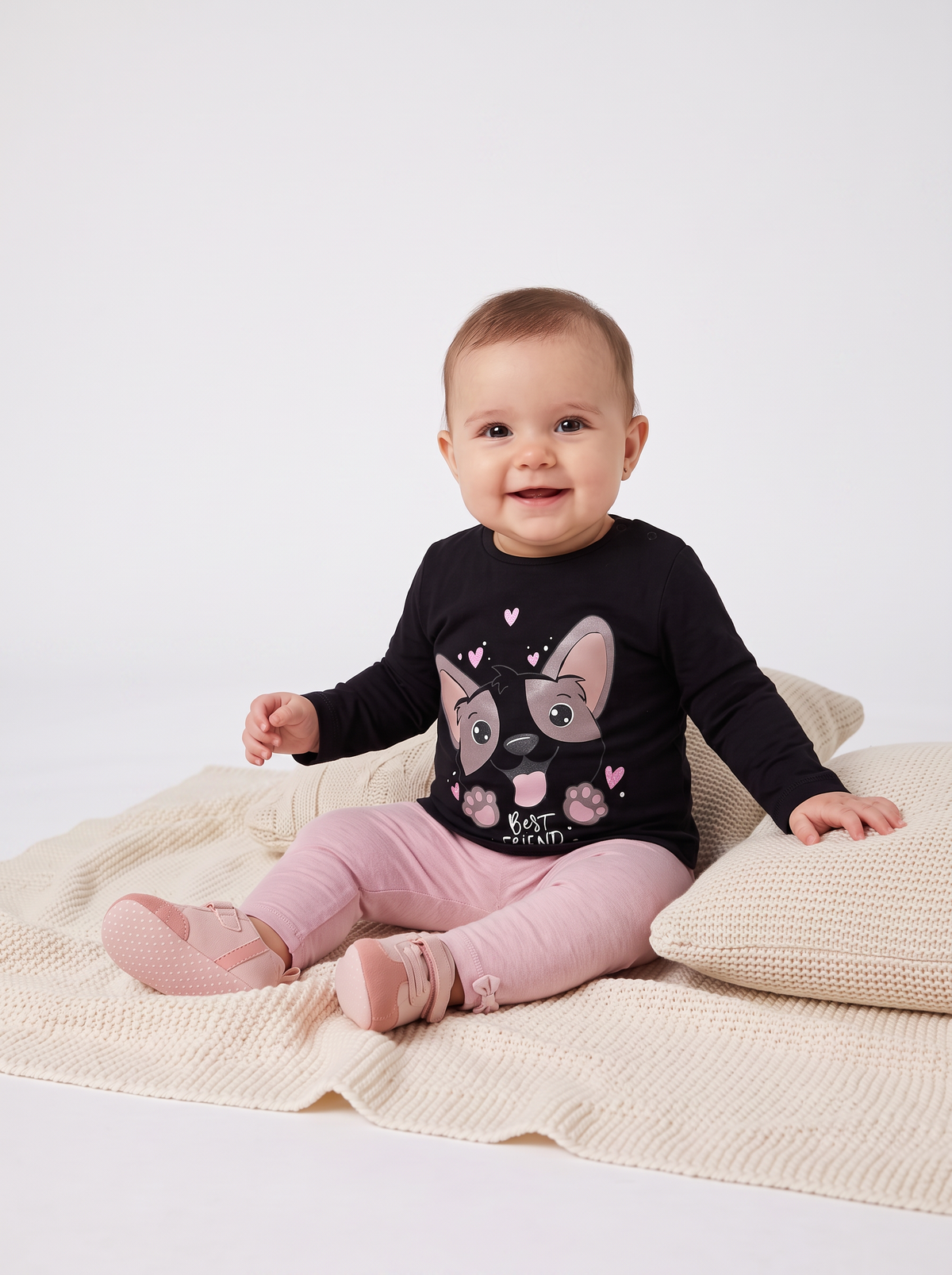 T-shirt a manica lunga con stampa e balza - Nero