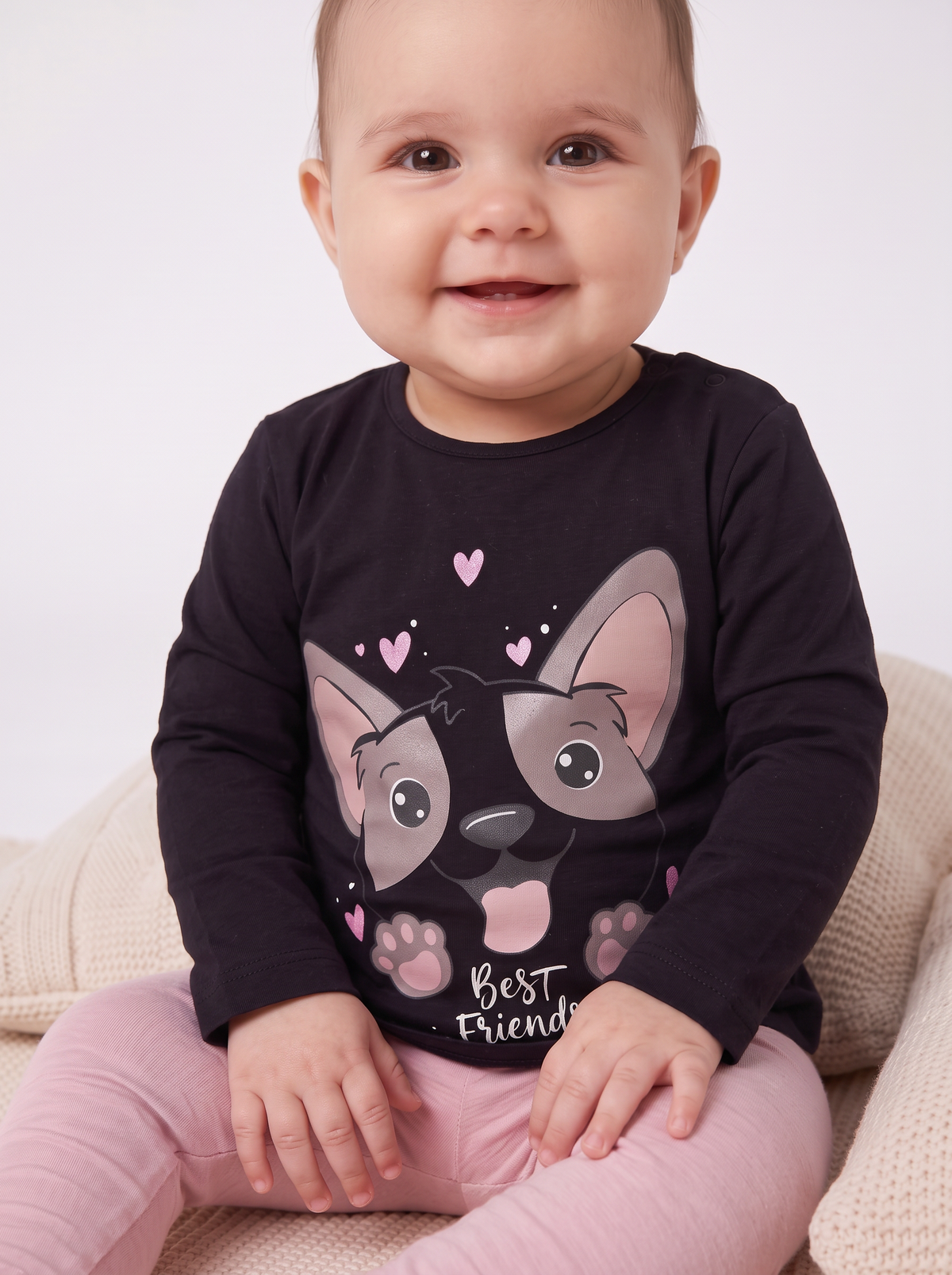 T-shirt a manica lunga con stampa e balza - Nero