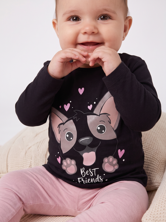 Long sleeve T-shirt with print and ruffle - Black