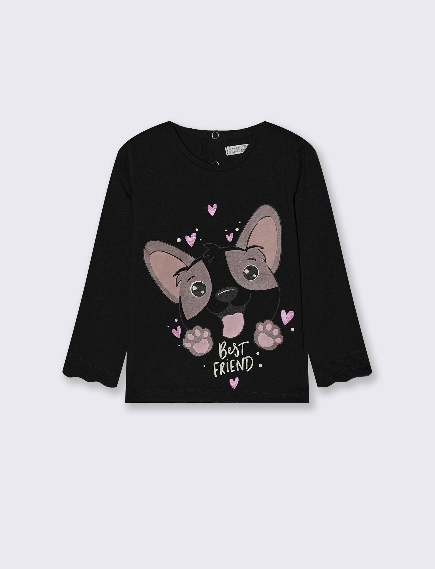 T-shirt a manica lunga con stampa e balza - Nero