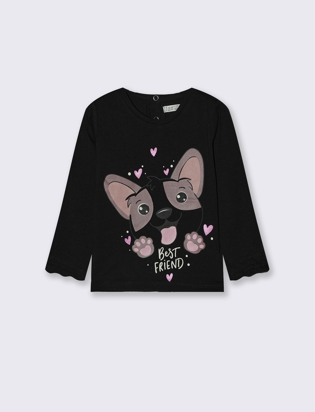 T-shirt a manica lunga con stampa e balza - Nero