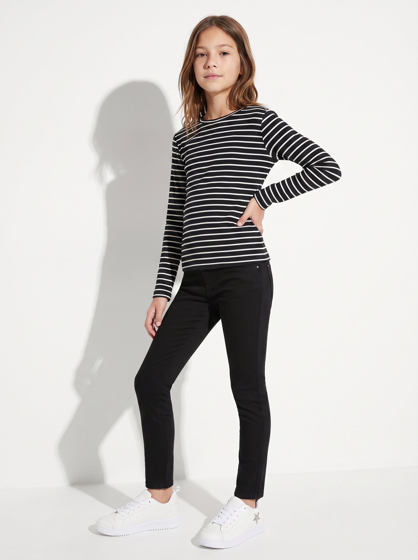 T-shirt manica lunga rigata in cotone - Nero-bianco