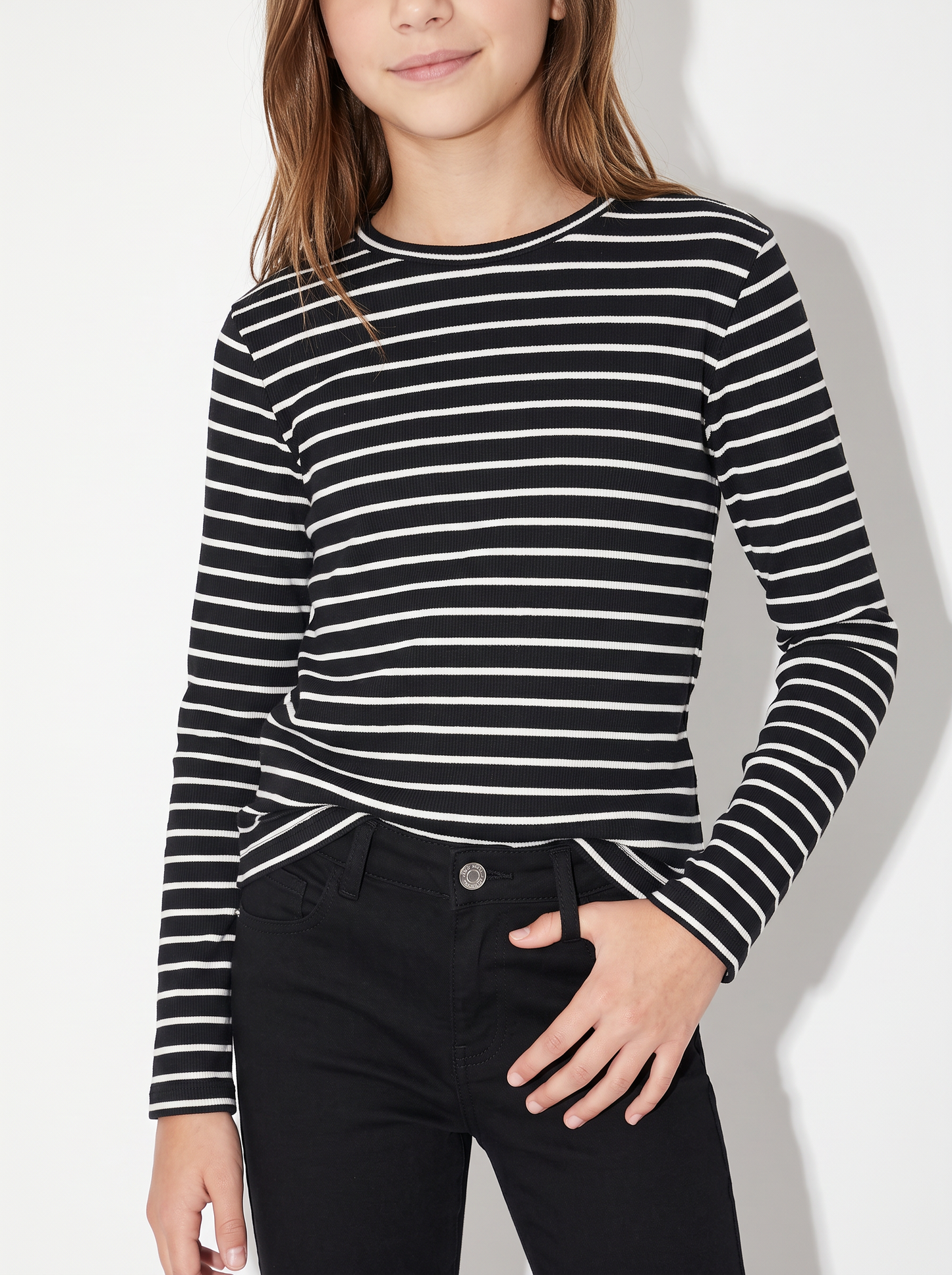 T-shirt manica lunga rigata in cotone - Nero-bianco