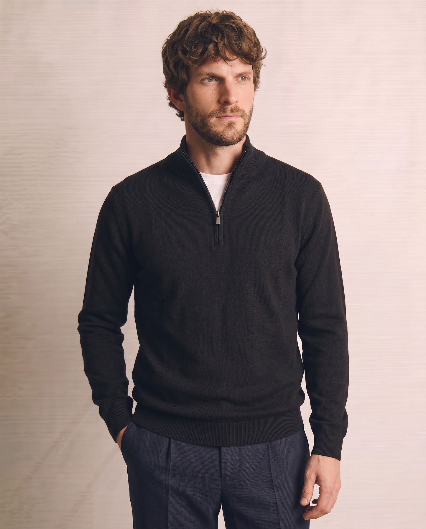 Maglia basic collo alto con zip - Blu