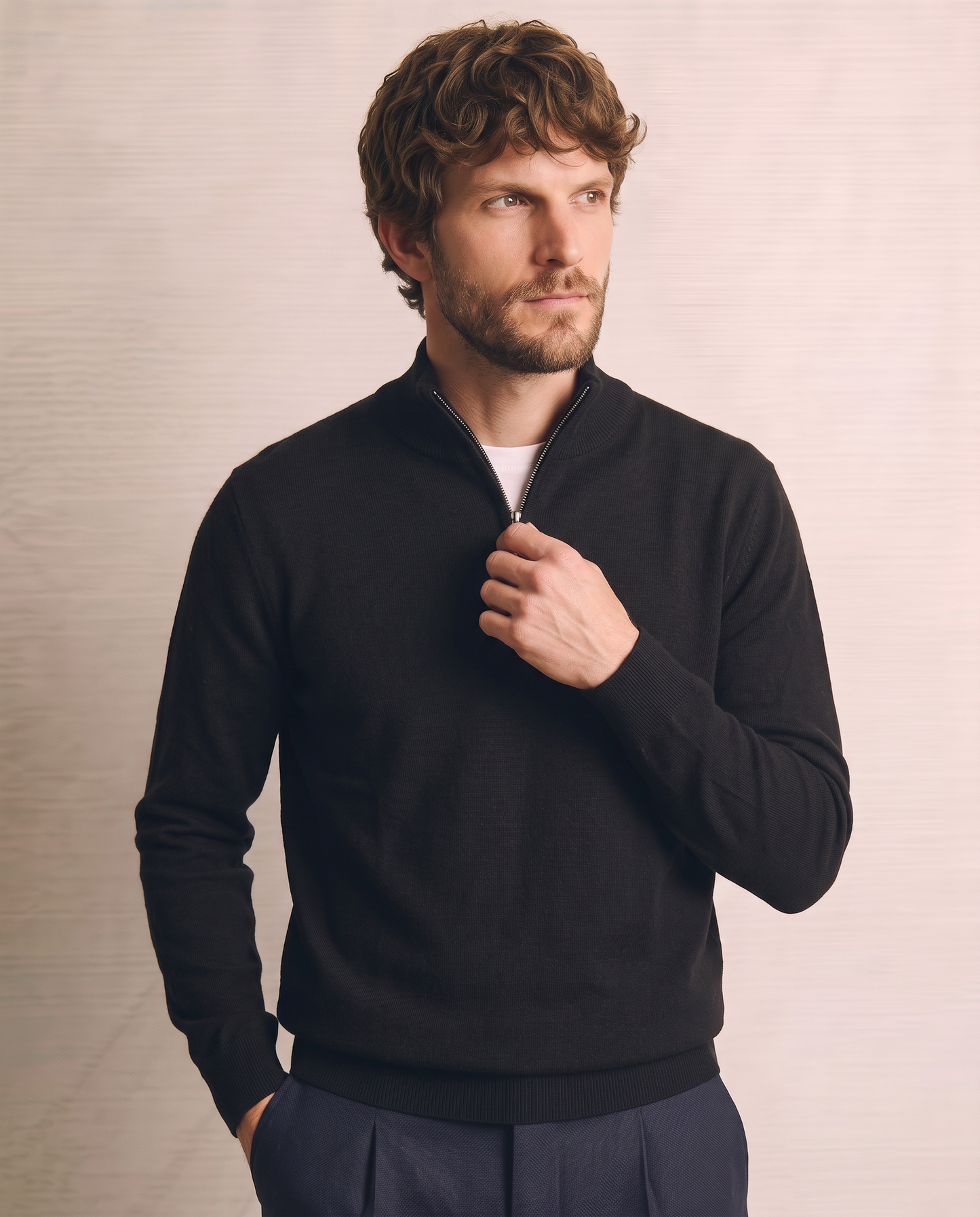 Maglia basic collo alto con zip - Blu