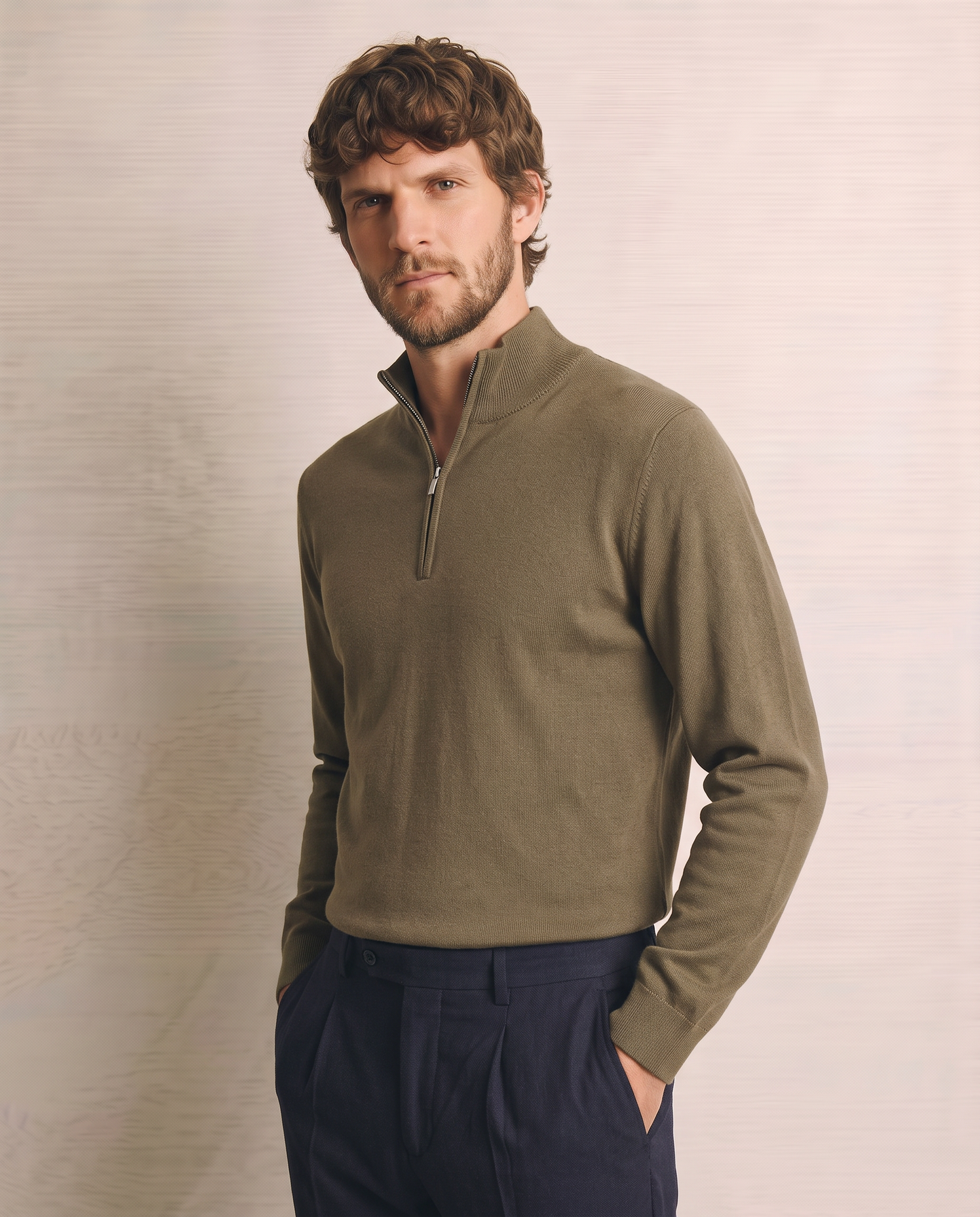 Maglia basic collo alto con zip - Verde kaki