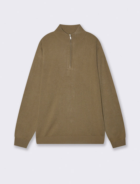 Basic high collar sweater with zip - Green