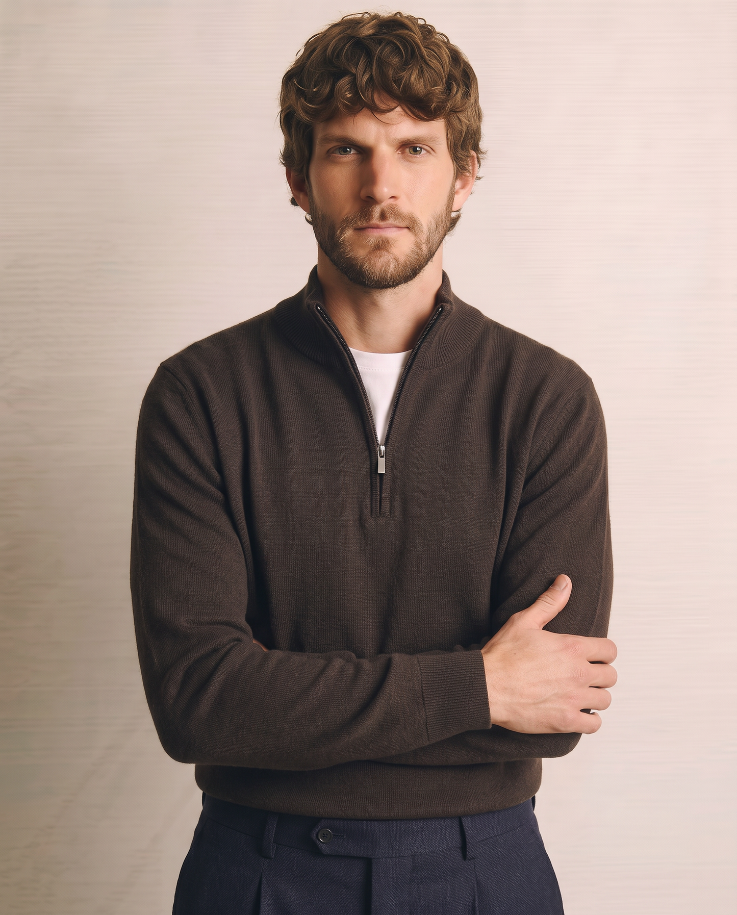 Maglia basic collo alto con zip - Moro