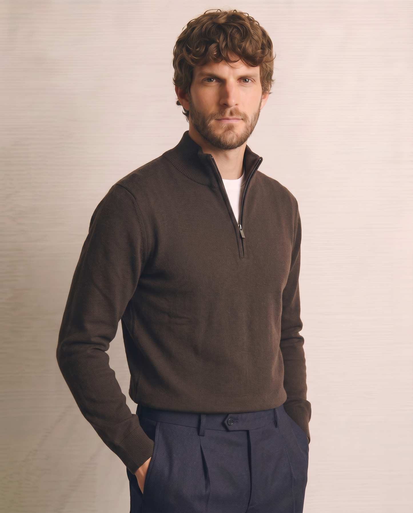 Maglia basic collo alto con zip - Moro