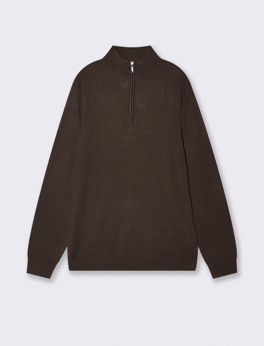 Basic high collar sweater with zip - Brown