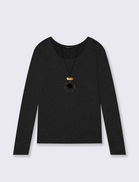 Tshirt manica lunga in tessuto pesante con collana - Nero