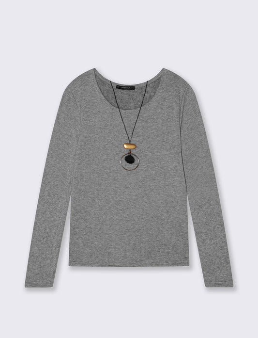 Tshirt manica lunga in tessuto pesante con collana - Grigio mel.