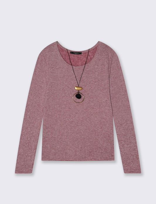 Tshirt manica lunga in tessuto pesante con collana - Bordeaux