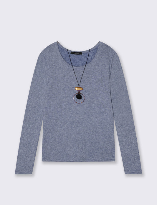 Tshirt manica lunga in tessuto pesante con collana - Denim