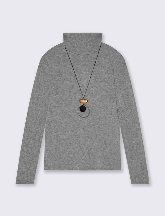 Maglia collo alto con collana - Grigio mel.