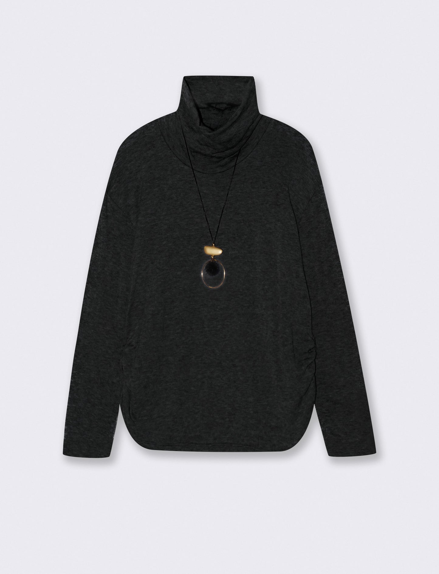 Tshirt manica lunga con collo alto in tessuto pesante con collana - Nero