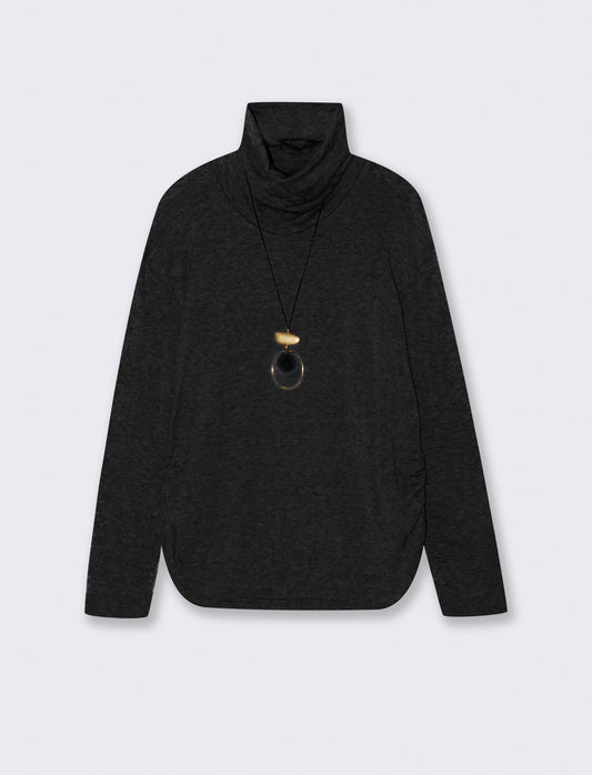 Tshirt manica lunga con collo alto in tessuto pesante con collana - Nero