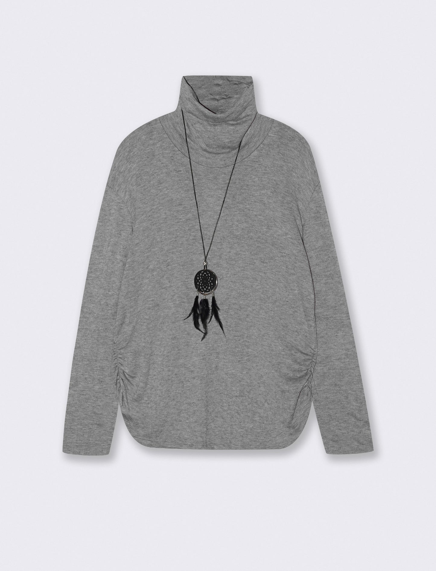 Tshirt manica lunga con collo alto in tessuto pesante con collana - Grigio mel.