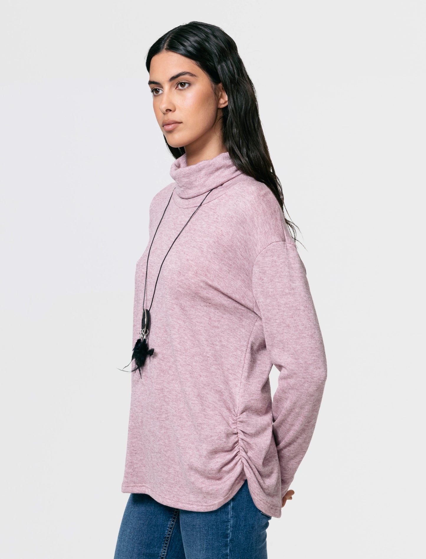 Tshirt manica lunga con collo alto in tessuto pesante con collana - Bordeaux