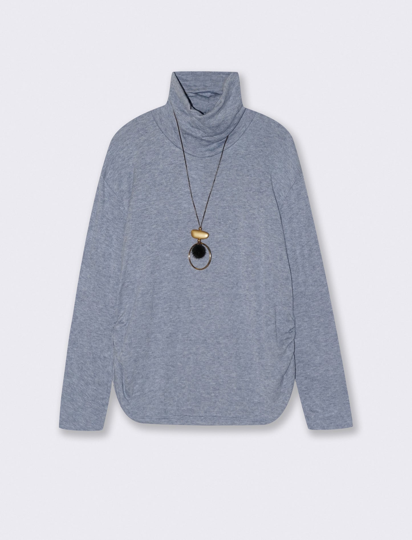 Tshirt manica lunga con collo alto in tessuto pesante con collana - Denim